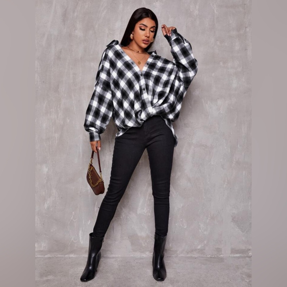 Drop Shoulder Oversized Plaid Shirt #1193
